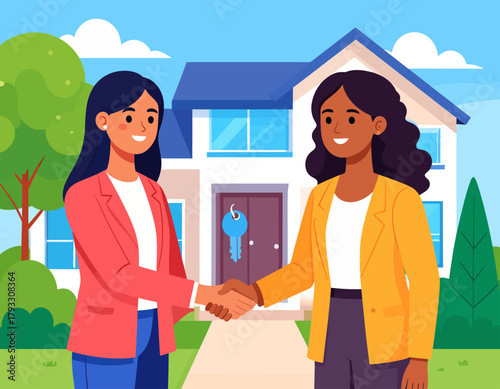 Two women shake hands in front of a house with a key hanging on the door, symbolizing a real estate transaction or new home ownership.