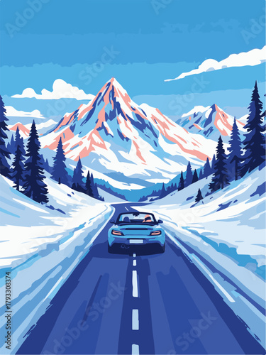 Winter roadtrip car driving through snowy mountains illustration