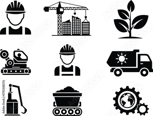 Collection of construction and industry icons representing building labor and environmental sustainability