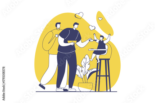 LGBTQ couple web concept with flat people for website design. Two gay men nursing and feeding baby boy. Homosexual family adopting child, living together in happy relationship. Vector illustration.