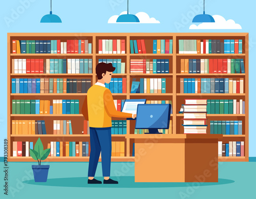 A man stands at a desk with a computer in a library filled with books, illuminated by hanging lights.