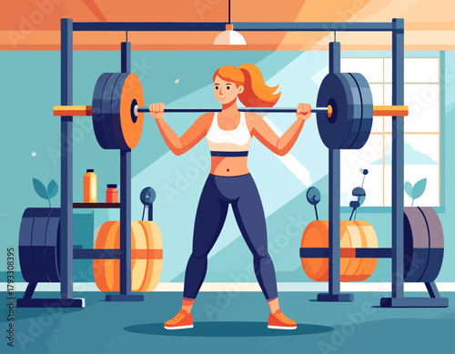 A woman with red hair is lifting a barbell in a gym, with weights on either side, and exercise equipment in the background.