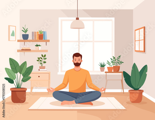 A man with a beard meditates in a lotus position on a rug in a bright, plant-filled room with a window.