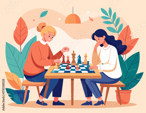 Two women are deeply engrossed in a chess game, seated at a table with plants and a lamp providing a warm, inviting atmosphere.