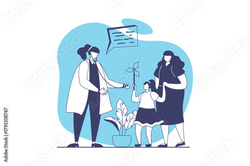 Medical clinic web concept with flat people for website design. Mother and daughter visiting pediatrician, getting doctor consultation, diagnostics, prescription and treatment. Vector illustration.