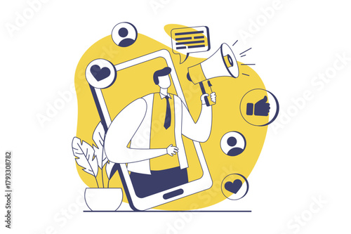 Marketing web concept with flat people for website design. Man with megaphone makes advertising and presentation, attracting audience online, increasing followers and influencing. Vector illustration.