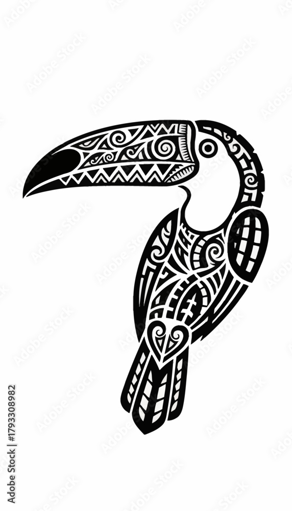 Obraz premium Ornate black and white toucan illustration with tribal patterns.