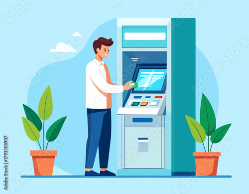 A man in a white shirt and blue pants is using an ATM machine, inserting a card to withdraw or deposit money.