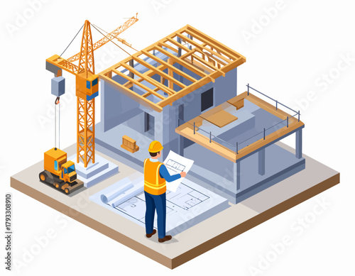 Isometric illustration of a construction worker reviewing blueprints at a building site with a crane and partially built structures.