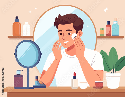 A young man is cleaning his face with a cotton pad while looking in the mirror, surrounded by skincare products in a bathroom setting.