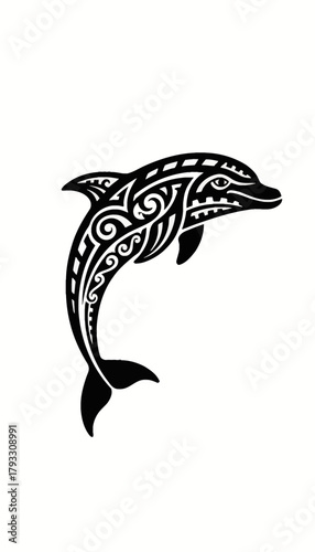 A black and white tribal tattoo design of a dolphin with intricate swirling patterns and geometric shapes adorning its body.