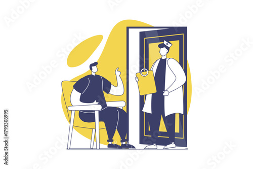 Medical clinic web concept with flat people for website design. Man visiting therapist and waiting in lobby by office, getting doctor consultation, diagnostics and prescription. Vector illustration.