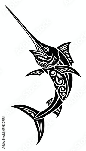 Stylized black and white illustration of a swordfish with intricate tribal tattoo patterns on its body.