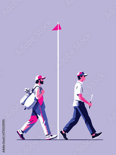 Golfer with caddie walking on golf course vector illustration