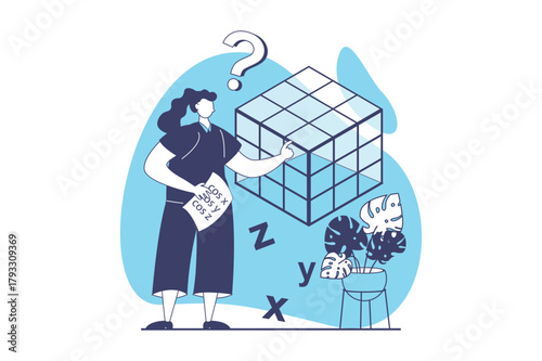 Mental mindset types web concept with flat people for website design. Woman with analytical, structural and mathematical mind solving problem and logical puzzle, doing research. Vector illustration.