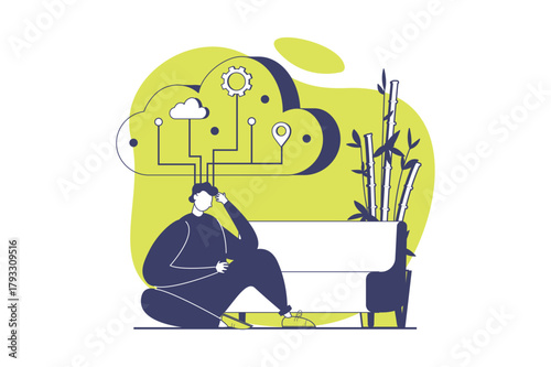 Mental mindset types web concept with flat people for website design. Man with analytical and logical mind thinking and solving structural problems with connection systems. Vector illustration.