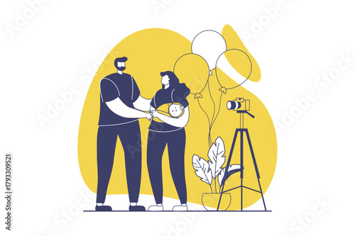 Family with newborn baby web concept with flat people for website design. Young mother and father celebrating kid birthday, making photoshoot together with camera on tripod. Vector illustration.