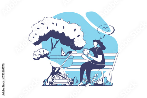 Family with newborn baby web concept with flat people for website design. Young mother with little infant child sitting on bench in park, walking with children stroll outdoors. Vector illustration.