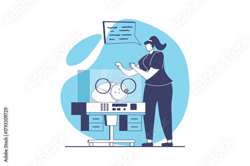 Family with newborn baby web concept with flat people for website design. Nurse taking care about little kid in hospital maternity ward with professional pediatric treatment. Vector illustration.