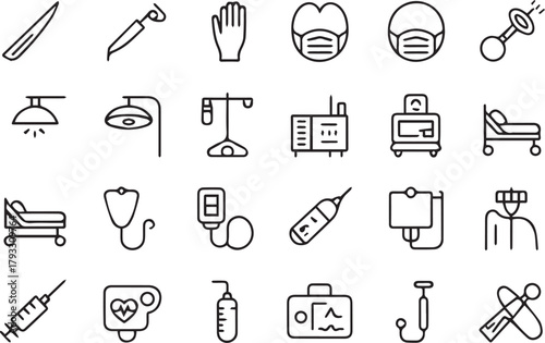 Minimal Medical and Healthcare Outline Icon Set  Line Art Hospital Equipment and Diagnostics Collection