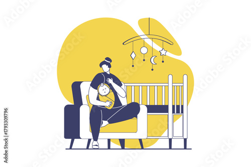 Family with newborn baby web concept with flat people for website design. Young mother cuddling her infant child, taking care little kid and preparing to sleeping in bedroom. Vector illustration.