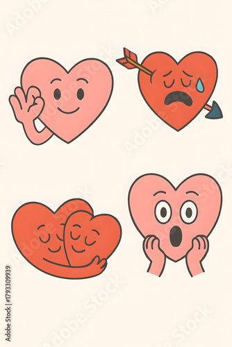 Collection of cartoon heart characters showing various emotions