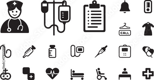 Nurse and Patient Care Solid Glyph Icon Set  Hospital Ward and Clinic Equipment Fill Style Collection