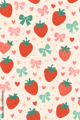 Charming seamless strawberry pattern with bows, hearts, and dots