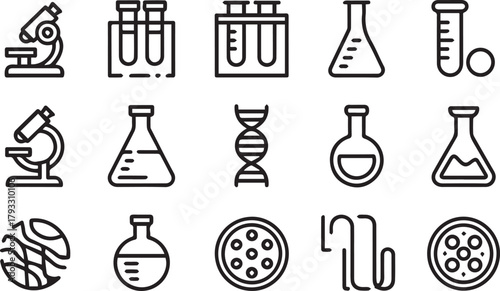 Computational Biology and Life Science Outline Icons  DNA Cell and Chemistry Thin Line Vector Collection