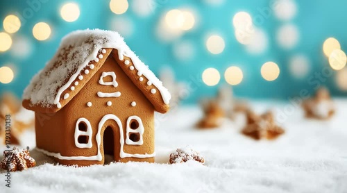 Decorated Gingerbread house in snow, with light snow fall and bokeh lights in background, copy space