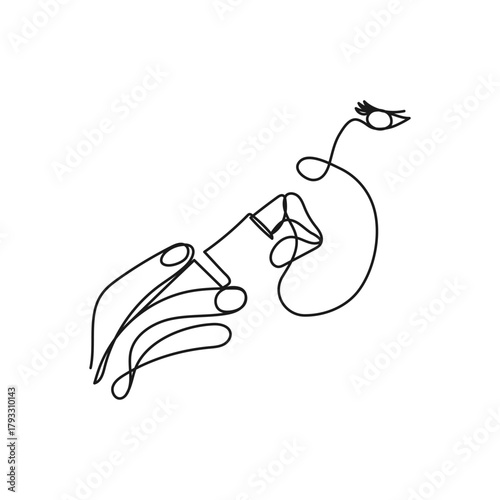 Minimalist line art hand holding lipstick near lips. Vector illustration for beauty, fashion, makeup, cosmetics, skincare, self-care, glamour projects.
