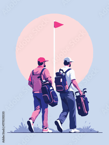 Golfer with caddie walking on golf course vector illustration