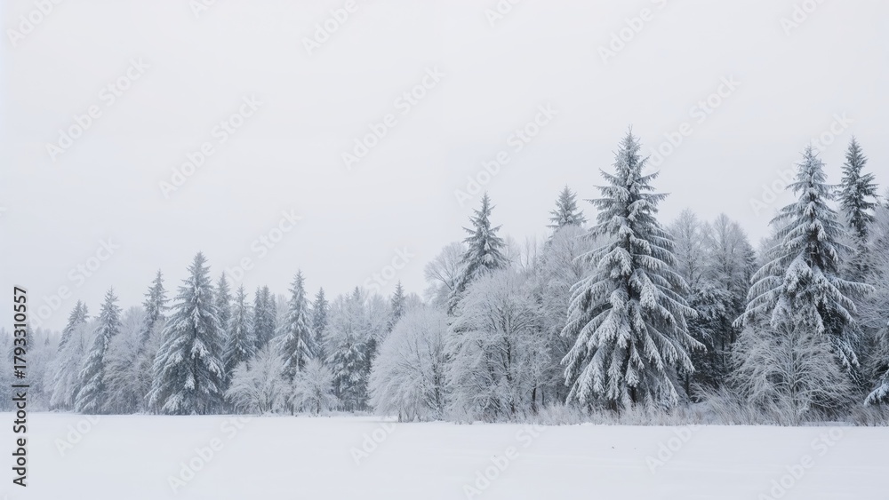 Fototapeta premium Snow-covered forest landscape with frost-encrusted trees and a white, wintry sky. Nature and winter scene. Seasonal and icy environment.