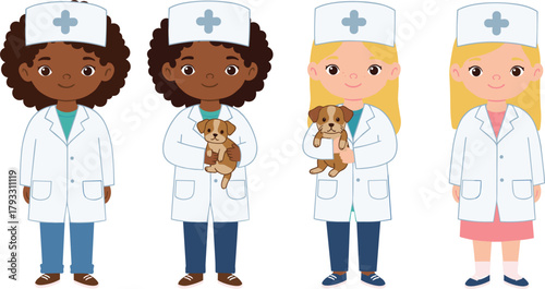 Cartoon veterinarians in lab coats with pets, medical cross hats, animal care team, flat vector cad drawing for education