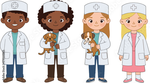 Cartoon veterinarians in lab coats with puppies, medical cross hats, animal care team, cad drawing flat vector illustration for education