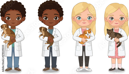 Cartoon children in lab coats, holding pets, veterinarian role play, cute puppies and cats, science kids, animal care, educational illustration