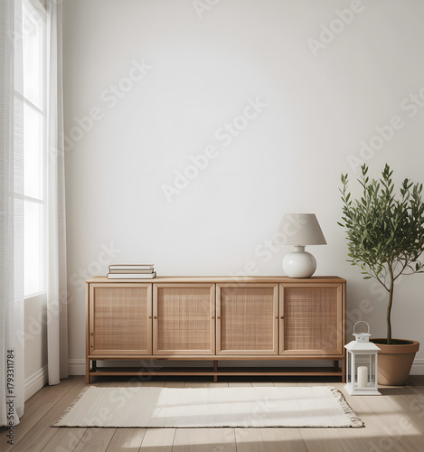 Modern rattan sideboard with lamp and potted plant