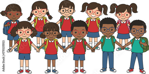 Cartoon school children, red shirts, blue bottoms, glasses, backpacks, holding hands, smiling faces, unity, friendship, flat vector, cad drawing illustration
