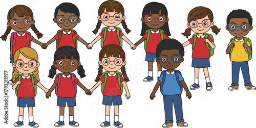Diverse cartoon school children, standing together, holding hands, wearing glasses, red uniforms, 