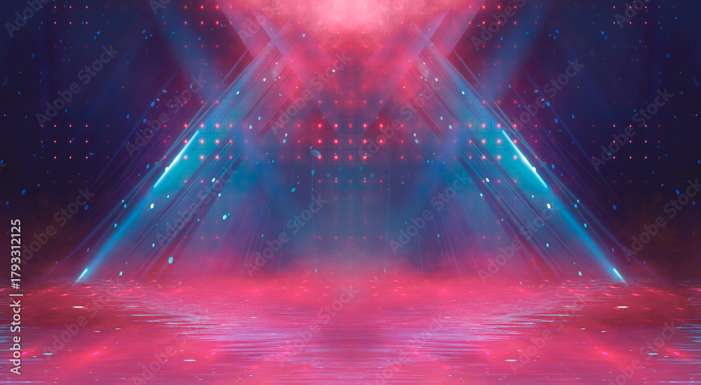 Fototapeta premium Empty stage with bright red neon lights and smoke. Red spotlights, beams, and glare in a dark, dramatic studio.