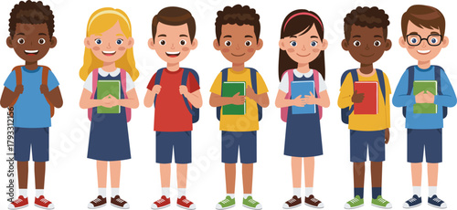Cartoon children, school uniform, diverse students, back to school, education concept, cheerful kids, books, backpacks, learning, classroom, vector illustration