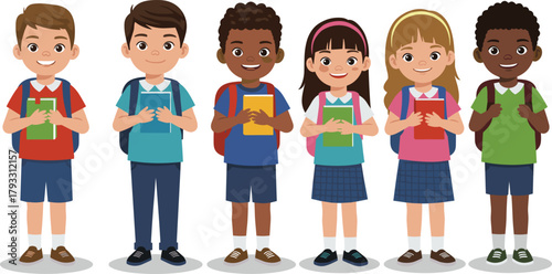 Cartoon children, diverse students, school kids, happy classmates, education concept, backpacks, books, learning, childhood, friendship, smiling faces, 