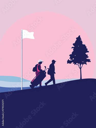 Golfer with caddie walking on golf course vector illustration