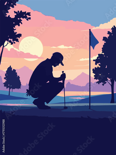 Golfer silhouette on scenic golf course vector illustration