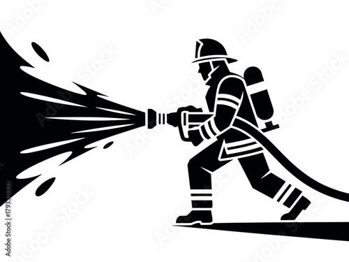 A firefighter in silhouette sprays water from a hose to extinguish a fire.