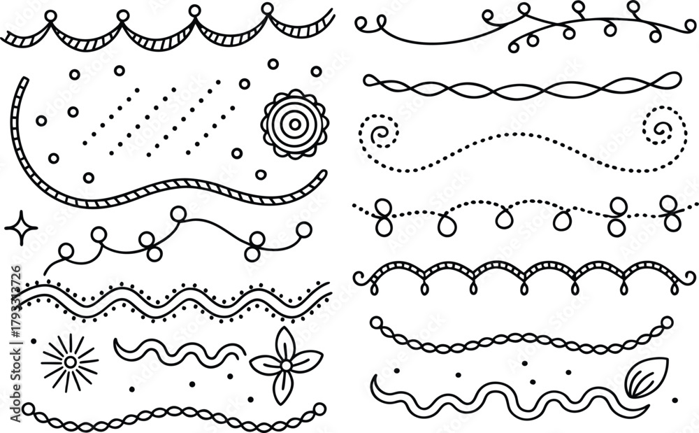 Obraz premium Art & Illustration - Collection of Hand Drawn Ornamental Lines and Decorative Elements with Dotted and Floral Styles for Dividers, Borders, on Transparent Background