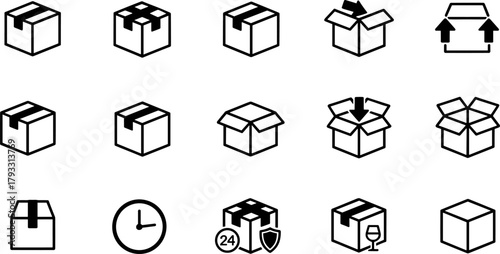 Flat vector illustration of delivery box icons, packaging, shipping, parcel logistics, storage, courier service, product transport, distribution concept