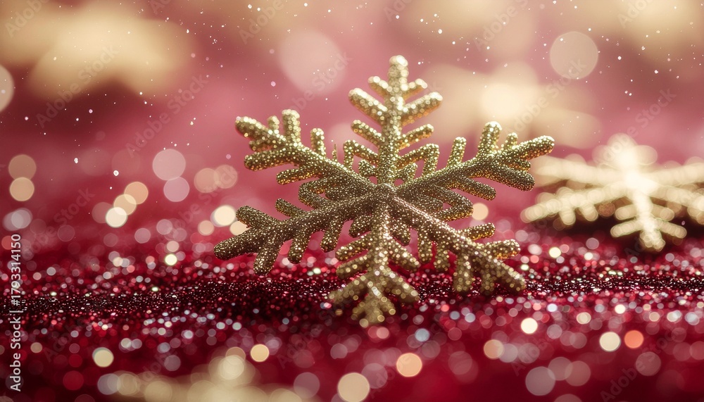 Fototapeta premium Fondo dorado brillante con copos de nieve, destellos relucientes y suaves luces bokeh, destaca por sus brillantes acentos dorados sobre un fondo abstracto rojo intenso. Composición Navideña