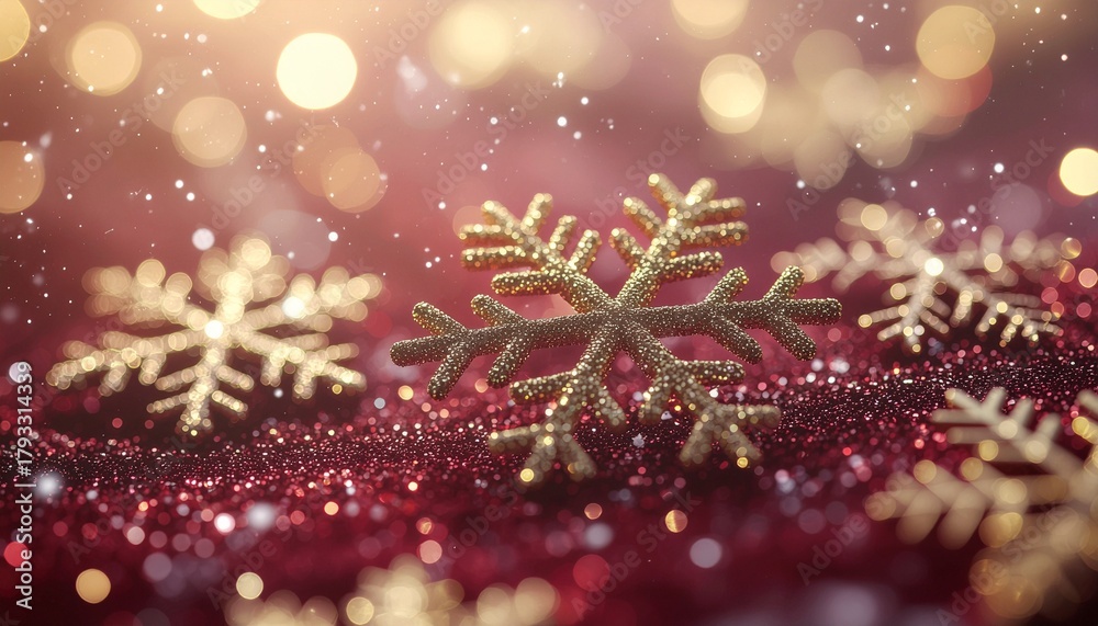 Fototapeta premium Fondo dorado brillante con copos de nieve, destellos relucientes y suaves luces bokeh, destaca por sus brillantes acentos dorados sobre un fondo abstracto rojo intenso. Composición Navideña
