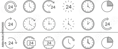 24-Hour Time Service Icons Vector Set Featuring Clocks, Arrows, Pie Charts, Continuous Tracking, Availability, Schedule, Business, Support